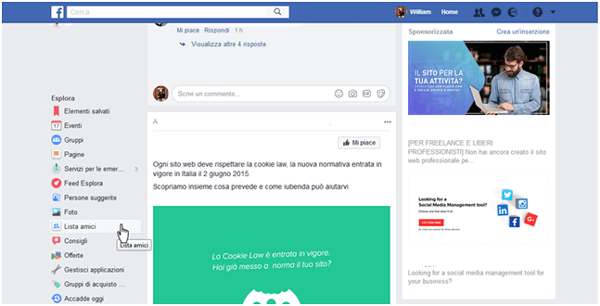 aggiornamento algoritmo di facebook, pulsante lista amici visualizzazione dispositivo desktop