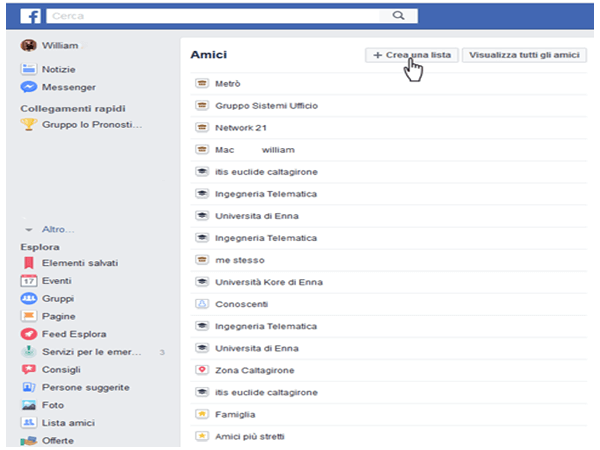 aggiornamento algoritmo di facebook, crea lista amici da desktop
